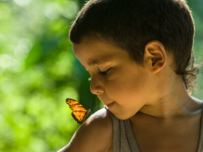 A child watching a butterfly perched on a leaf at the Rainforest Private Refuge by Amazon Emotions, surrounded by the lush greenery of the Amazon rainforest.