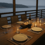 Panoramic dining room on the Manakin Riverboat with forest and river views