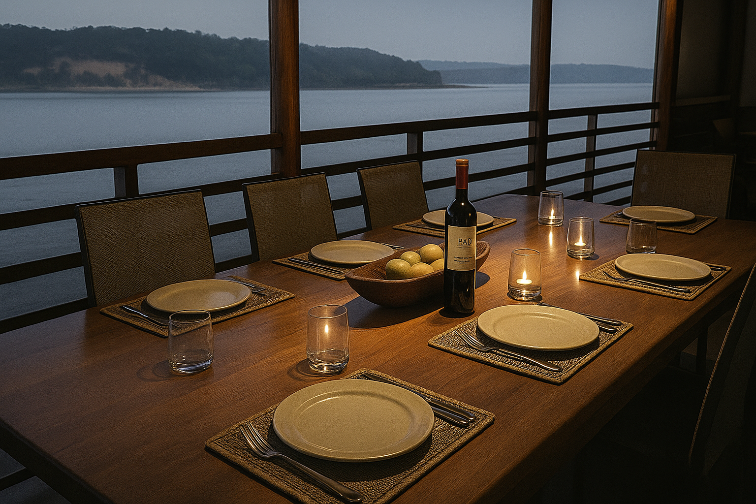 Panoramic dining room on the Manakin Riverboat with forest and river views